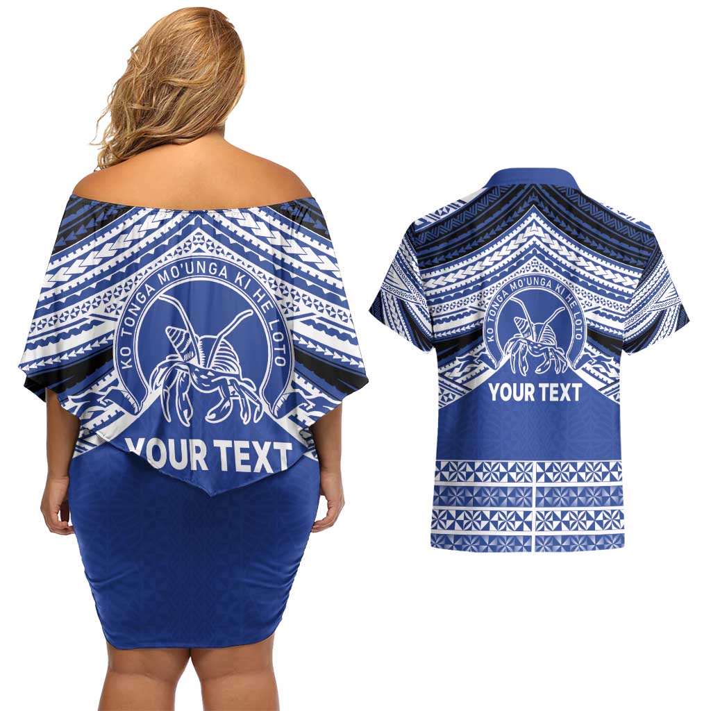 Personalised Tonga Taufa'ahau Pilolevu College Couples Matching Off Shoulder Short Dress and Hawaiian Shirt Polynesian Ngatu Tribal