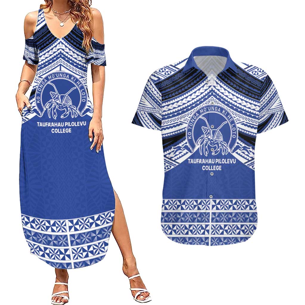 Personalised Tonga Taufa'ahau Pilolevu College Couples Matching Summer Maxi Dress and Hawaiian Shirt Polynesian Ngatu Tribal