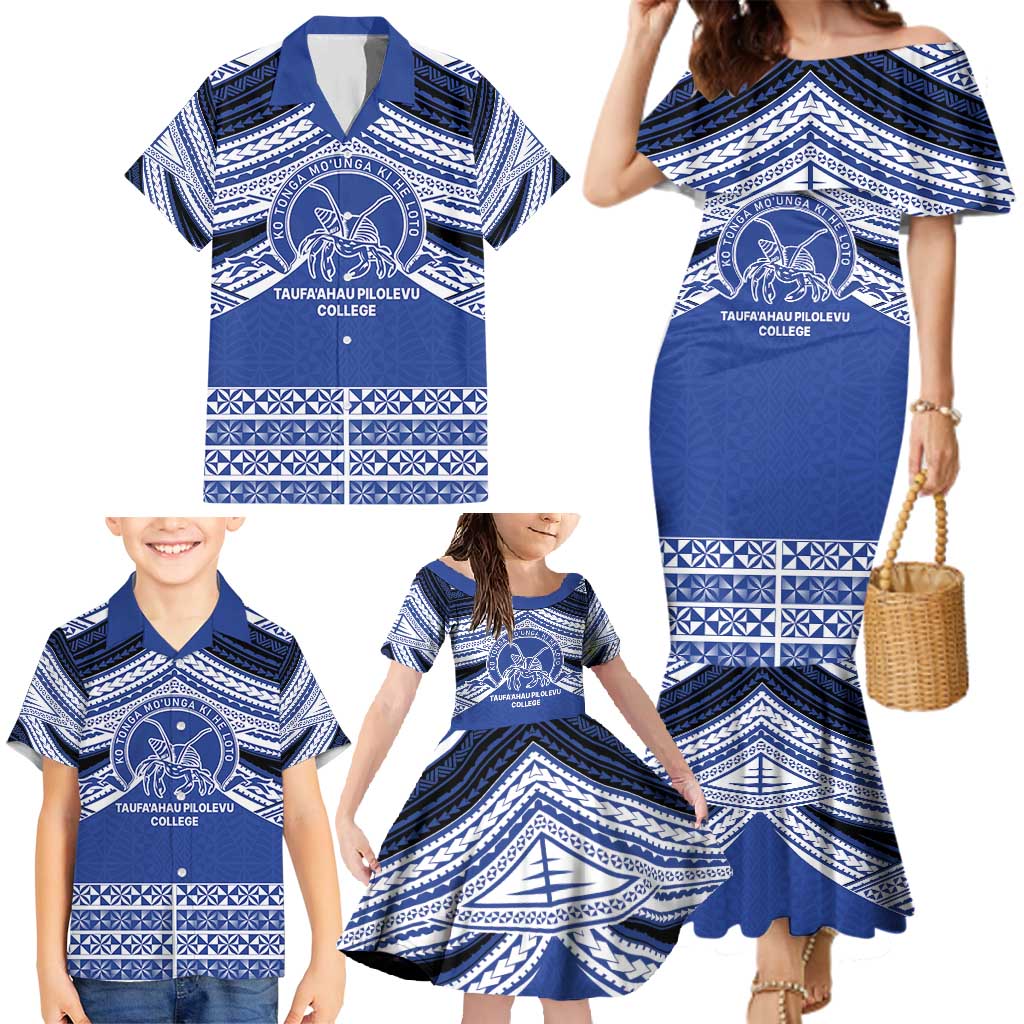Personalised Tonga Taufa'ahau Pilolevu College Family Matching Mermaid Dress and Hawaiian Shirt Polynesian Ngatu Tribal