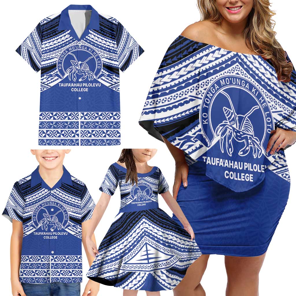 Personalised Tonga Taufa'ahau Pilolevu College Family Matching Off Shoulder Short Dress and Hawaiian Shirt Polynesian Ngatu Tribal