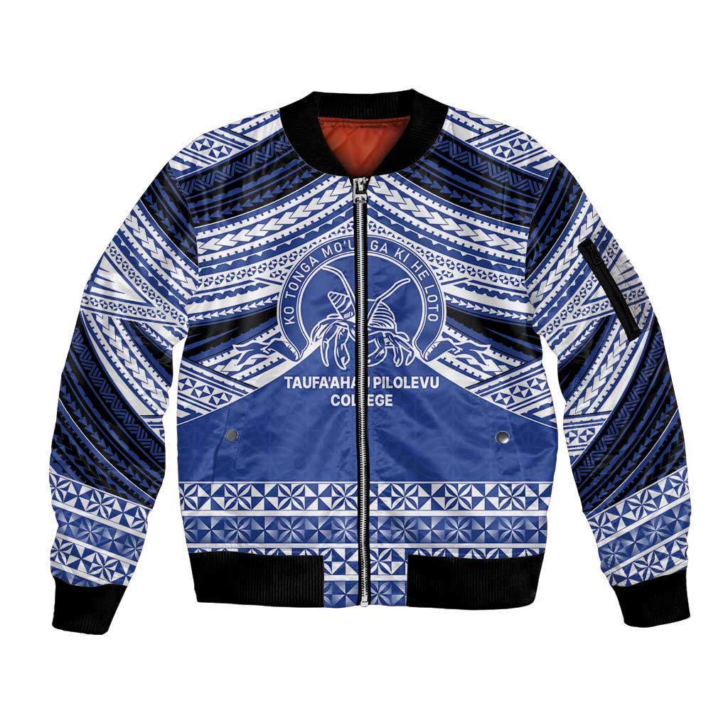 Personalised Tonga Taufa'ahau Pilolevu College Sleeve Zip Bomber Jacket Polynesian Ngatu Tribal