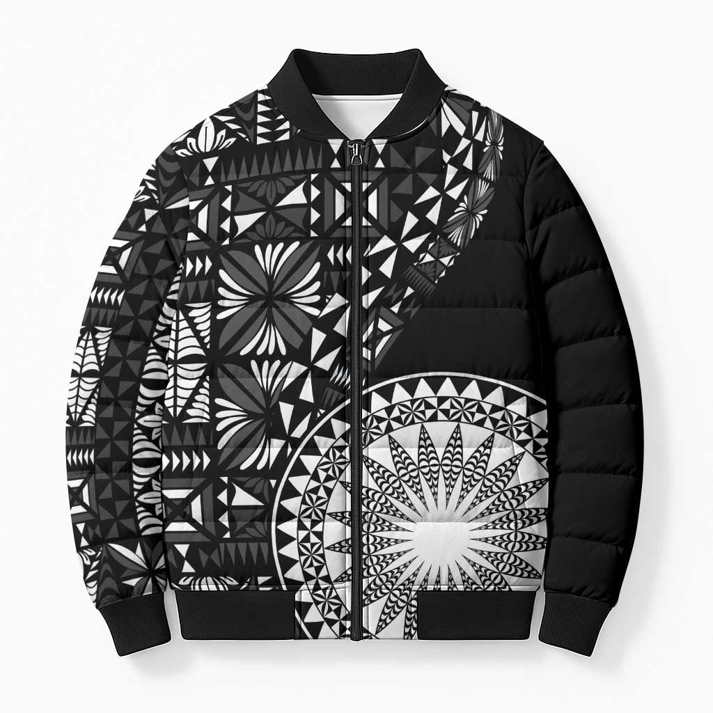 Black Tongan Ngatu Fonulei Pattern Bomber Puffer Jacket - Polynesian Pride