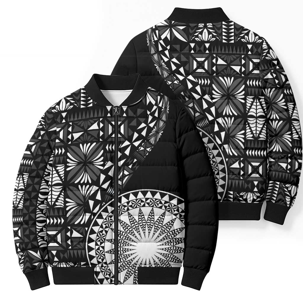 Black Tongan Ngatu Fonulei Pattern Bomber Puffer Jacket - Polynesian Pride