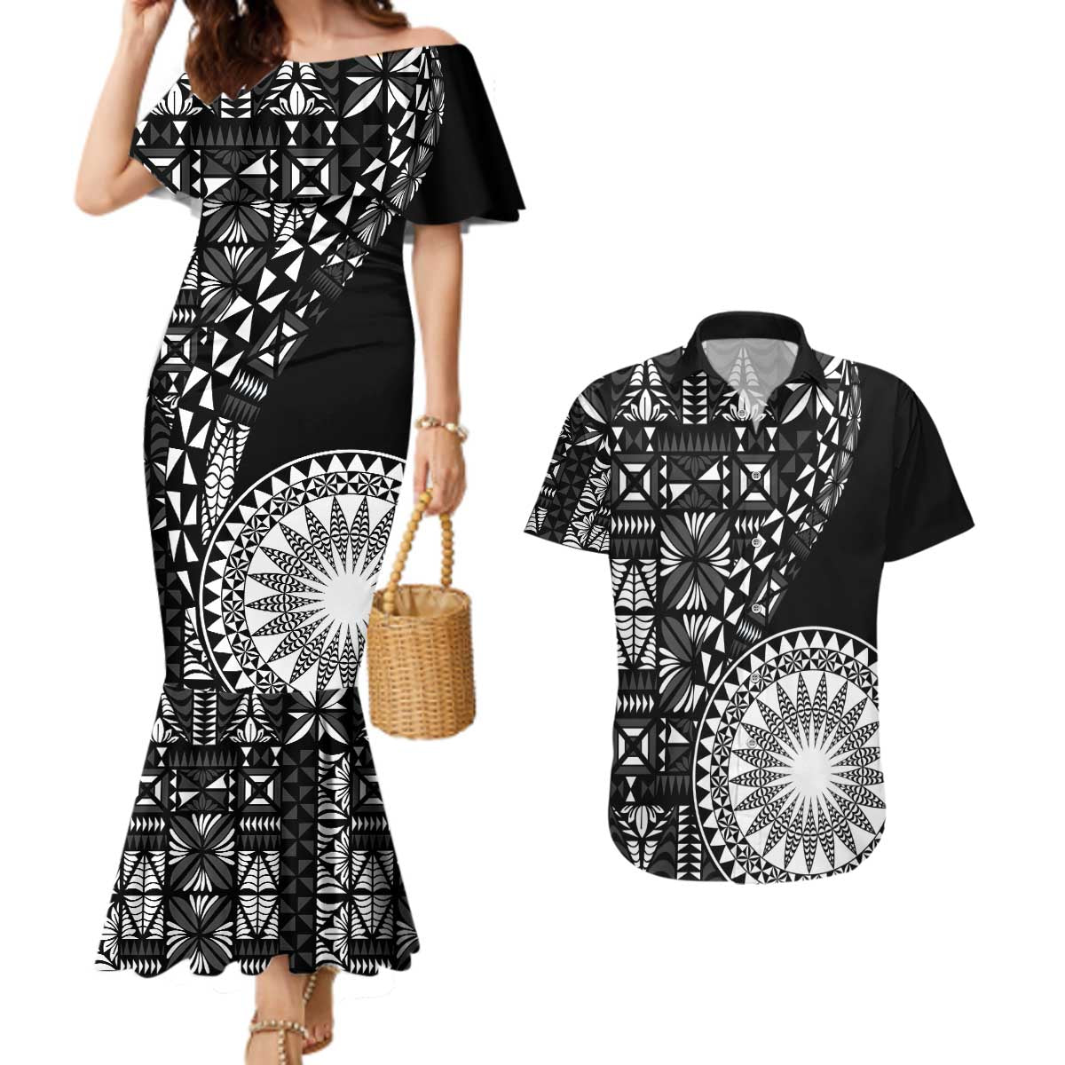 Black Tongan Ngatu Fonulei Pattern Couples Matching Mermaid Dress and Hawaiian Shirt