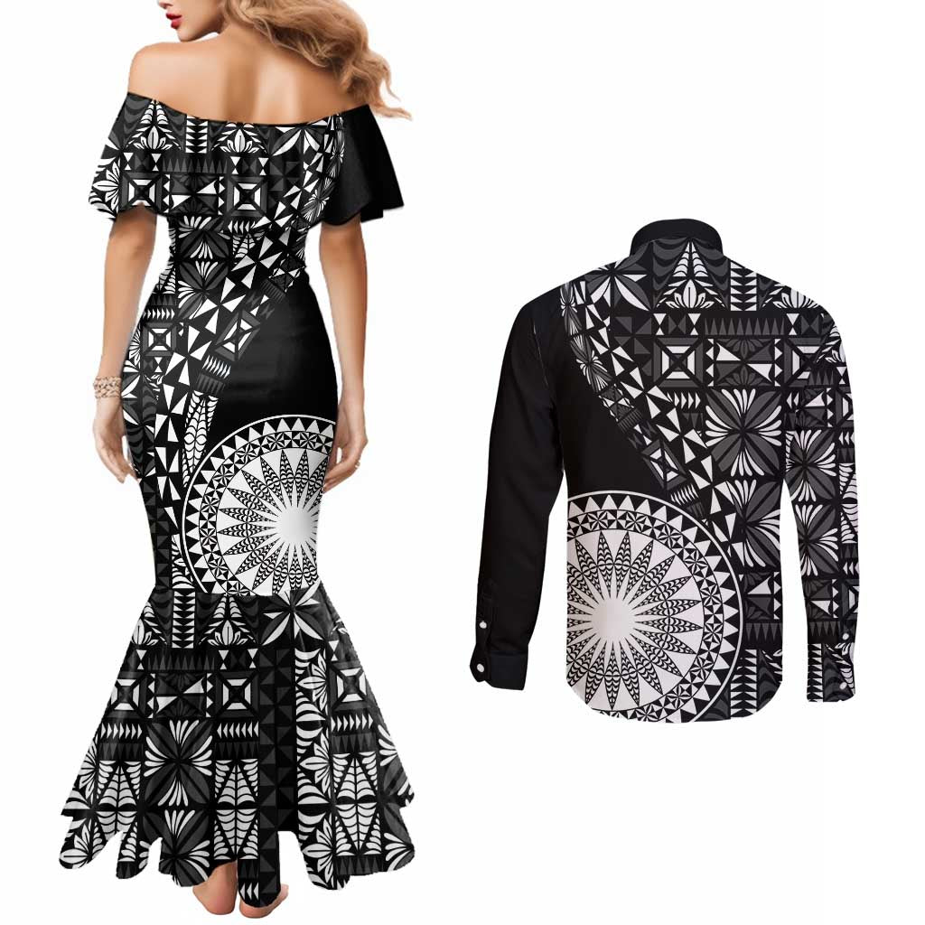 Black Tongan Ngatu Fonulei Pattern Couples Matching Mermaid Dress and Long Sleeve Button Shirt