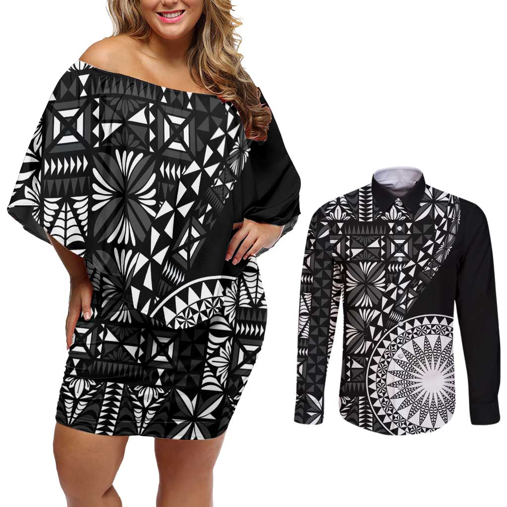 Black Tongan Ngatu Fonulei Pattern Couples Matching Off Shoulder Short Dress and Long Sleeve Button Shirt