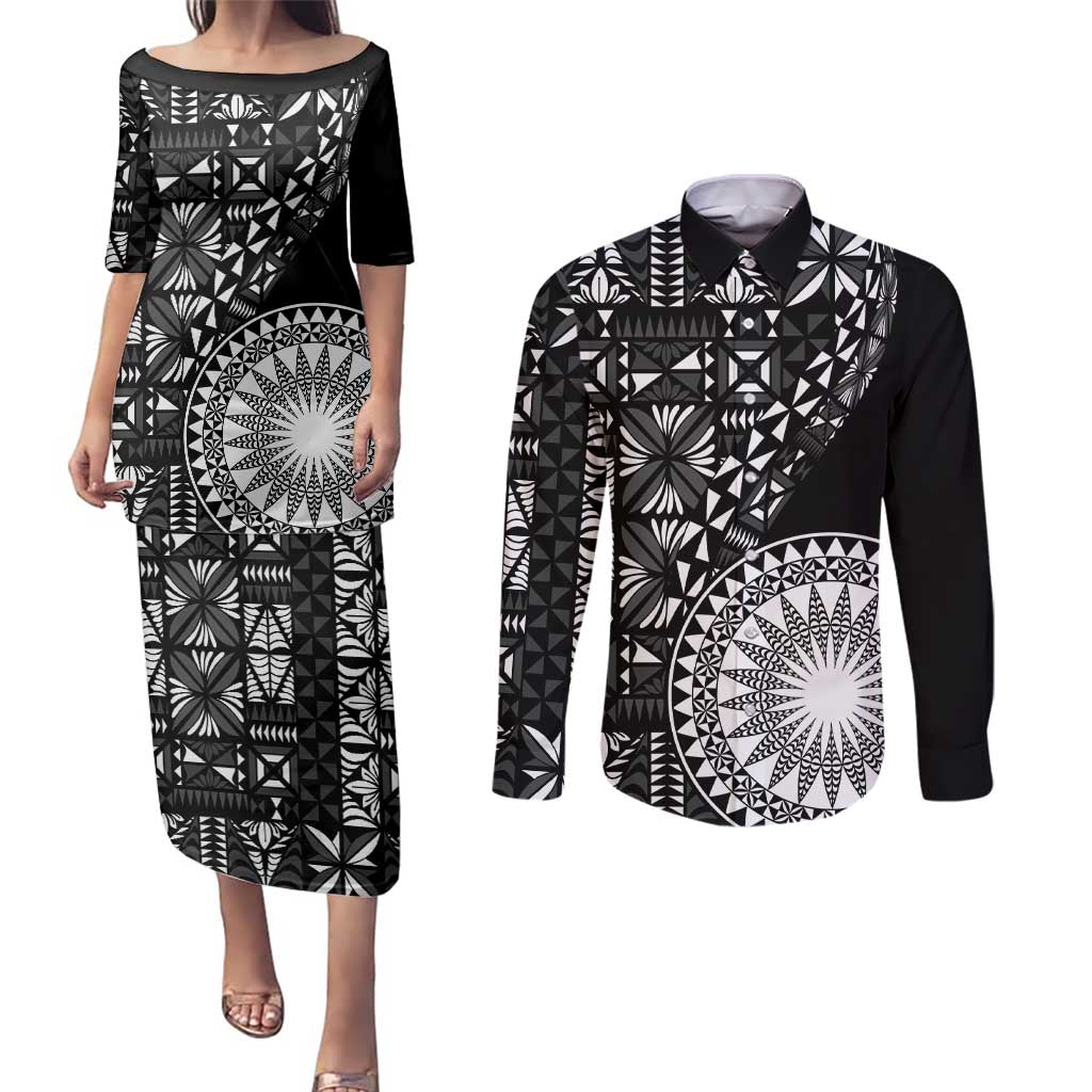 Black Tongan Ngatu Fonulei Pattern Couples Matching Puletasi and Long Sleeve Button Shirt