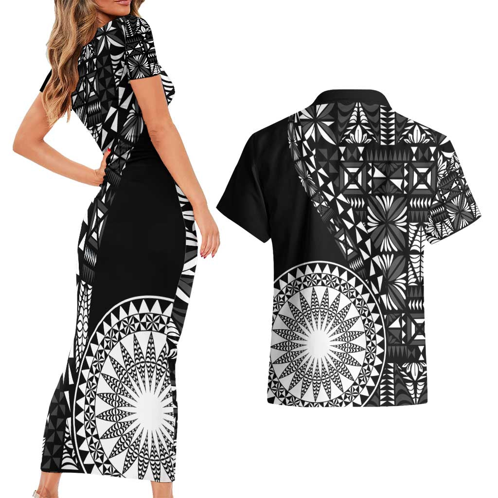 Black Tongan Ngatu Fonulei Pattern Couples Matching Short Sleeve Bodycon Dress and Hawaiian Shirt