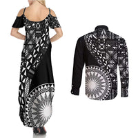 Black Tongan Ngatu Fonulei Pattern Couples Matching Summer Maxi Dress and Long Sleeve Button Shirt
