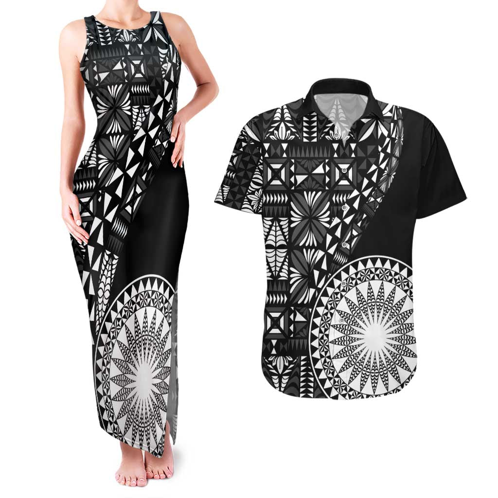 Black Tongan Ngatu Fonulei Pattern Couples Matching Tank Maxi Dress and Hawaiian Shirt