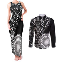 Black Tongan Ngatu Fonulei Pattern Couples Matching Tank Maxi Dress and Long Sleeve Button Shirt
