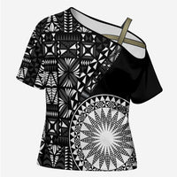 Black Tongan Ngatu Fonulei Pattern Cross Shoulder Shirt - Polynesian Pride