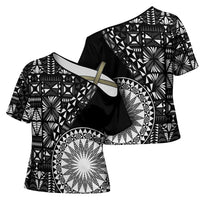 Black Tongan Ngatu Fonulei Pattern Cross Shoulder Shirt - Polynesian Pride