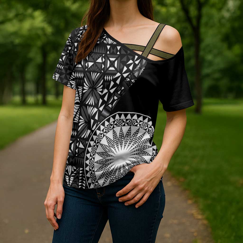 Black Tongan Ngatu Fonulei Pattern Cross Shoulder Shirt - Polynesian Pride