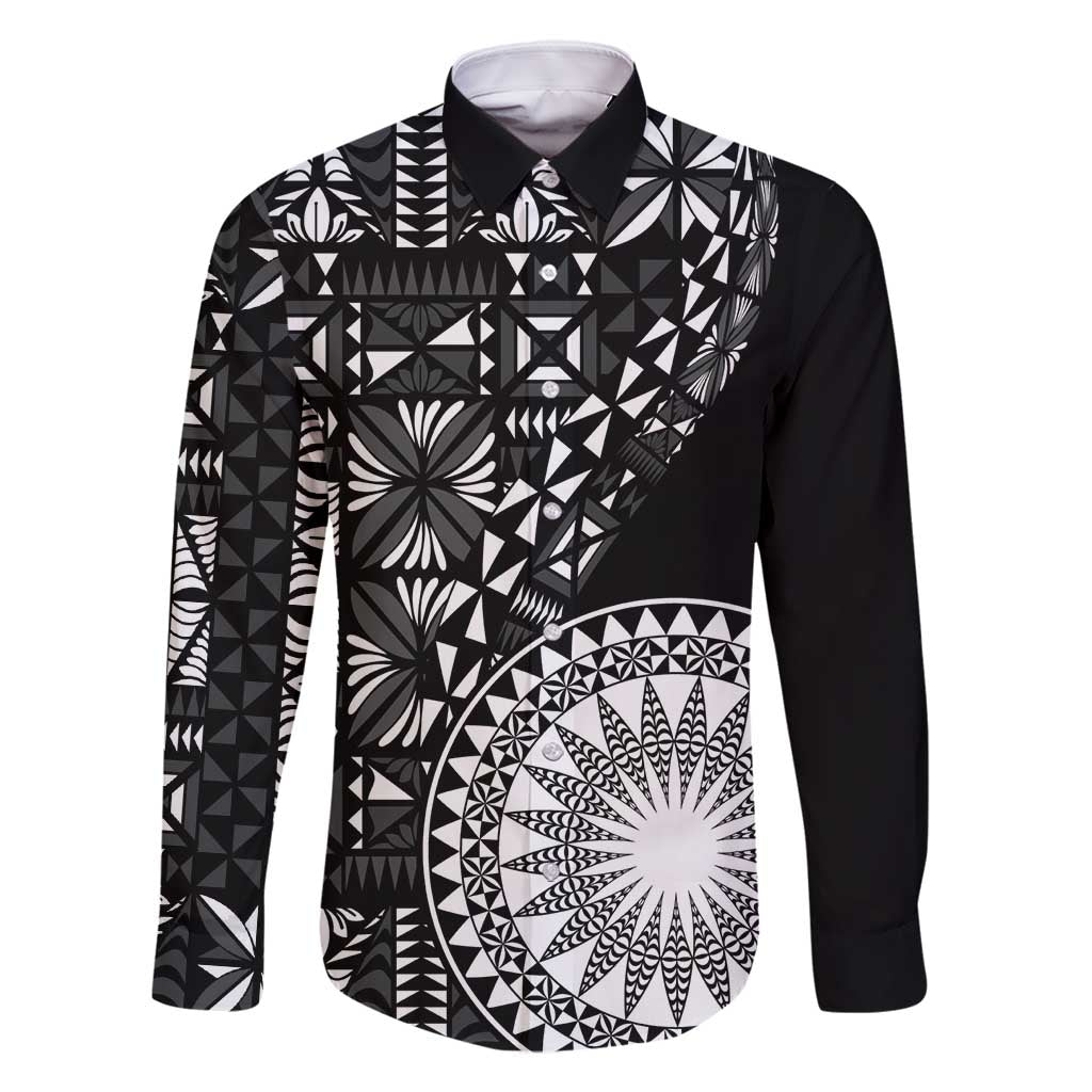 Black Tongan Ngatu Fonulei Pattern Family Matching Long Sleeve Bodycon Dress and Hawaiian Shirt