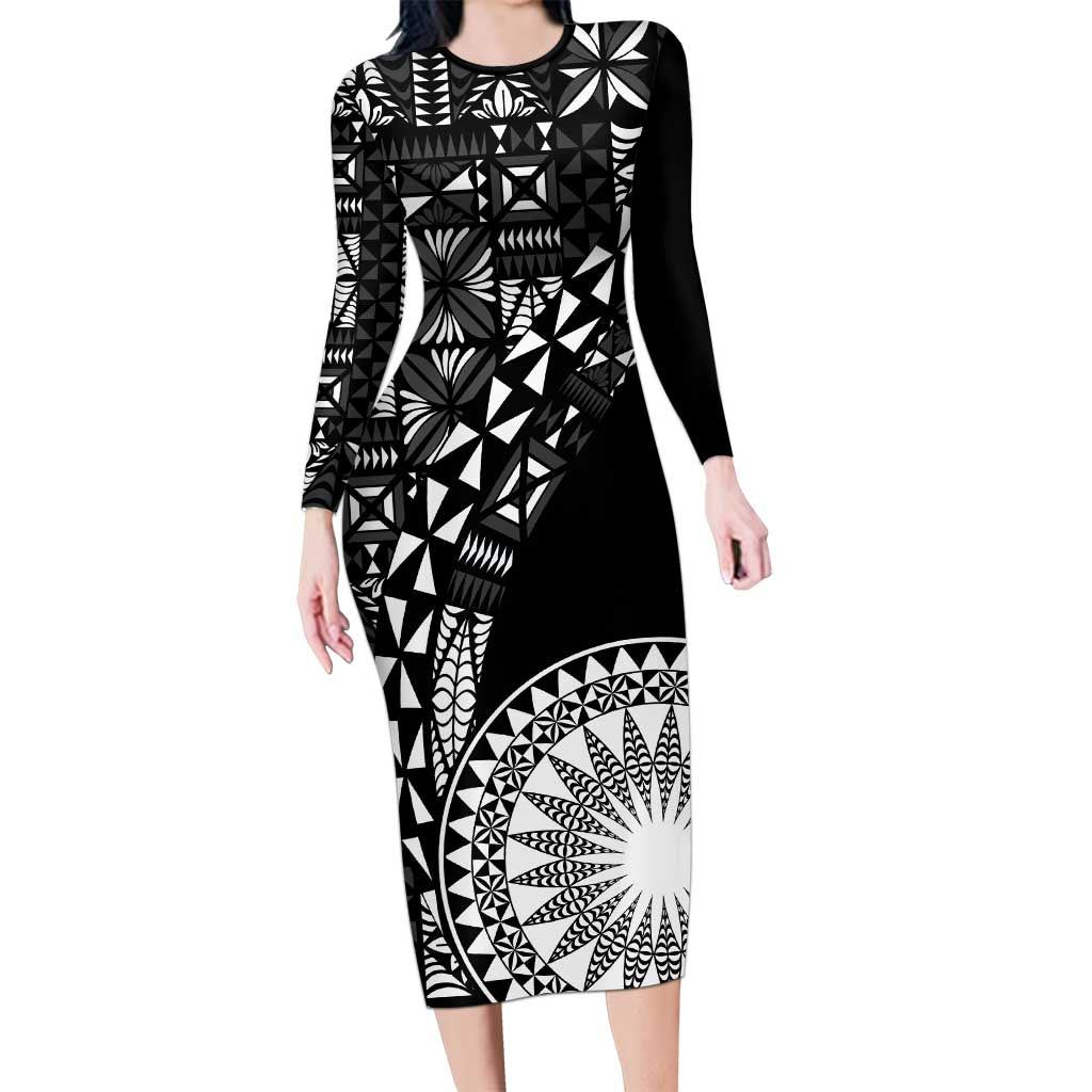 Black Tongan Ngatu Fonulei Pattern Family Matching Long Sleeve Bodycon Dress and Hawaiian Shirt