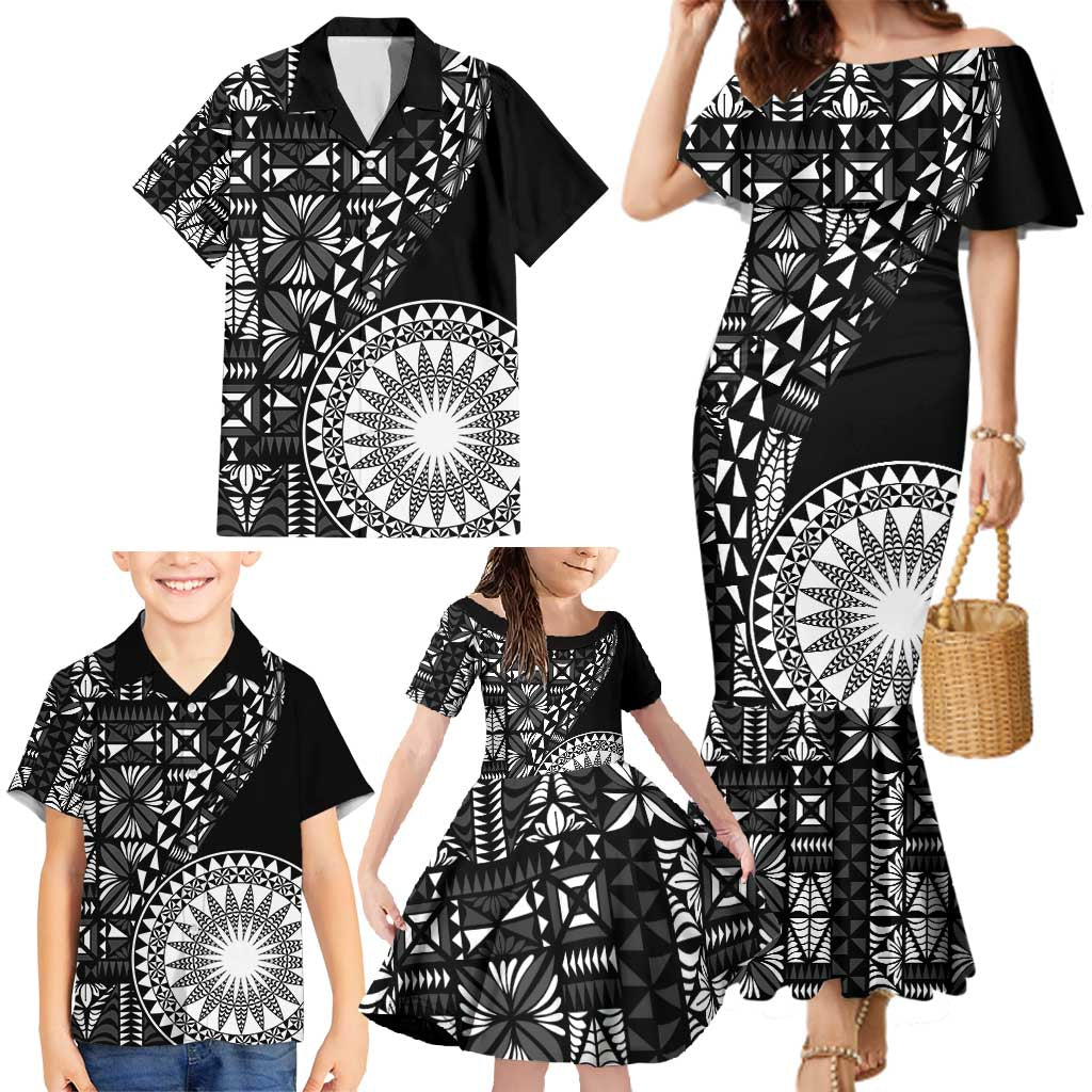 Black Tongan Ngatu Fonulei Pattern Family Matching Mermaid Dress and Hawaiian Shirt