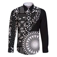 Black Tongan Ngatu Fonulei Pattern Family Matching Off The Shoulder Long Sleeve Dress and Hawaiian Shirt