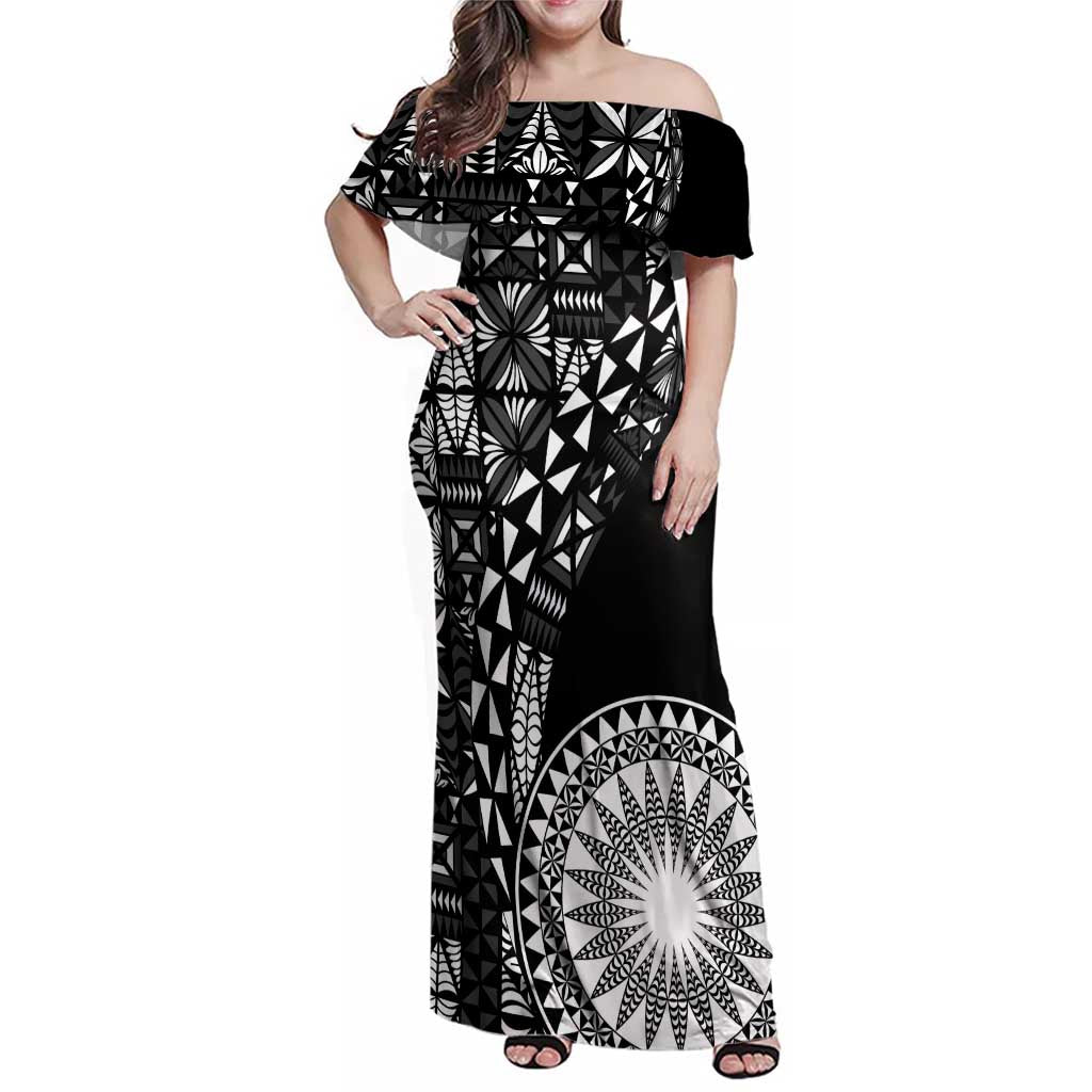 Black Tongan Ngatu Fonulei Pattern Family Matching Off Shoulder Maxi Dress and Hawaiian Shirt