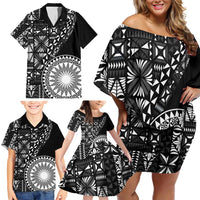 Black Tongan Ngatu Fonulei Pattern Family Matching Off Shoulder Short Dress and Hawaiian Shirt