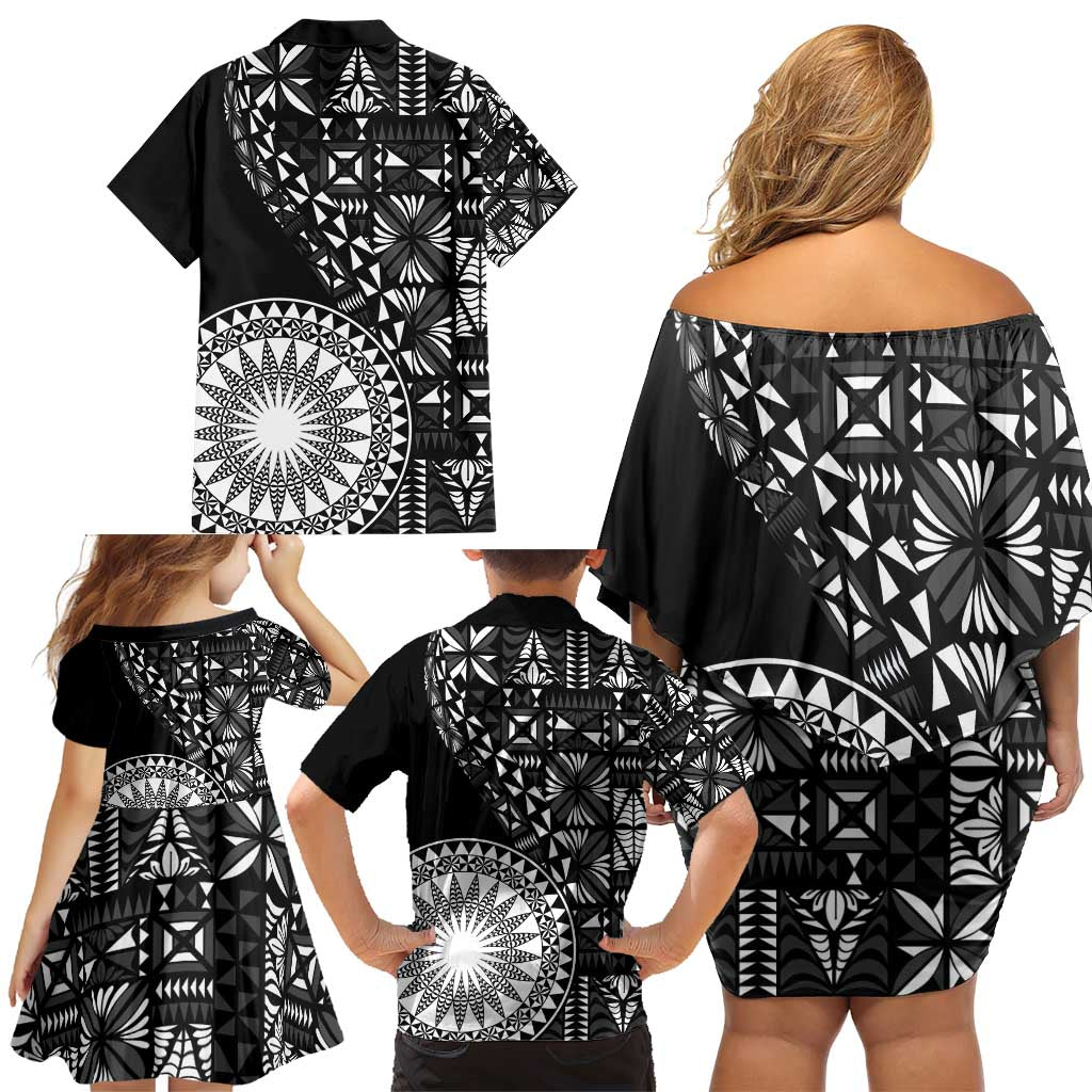 Black Tongan Ngatu Fonulei Pattern Family Matching Off Shoulder Short Dress and Hawaiian Shirt