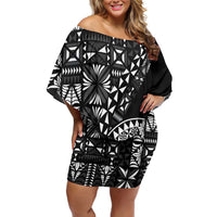 Black Tongan Ngatu Fonulei Pattern Family Matching Off Shoulder Short Dress and Hawaiian Shirt