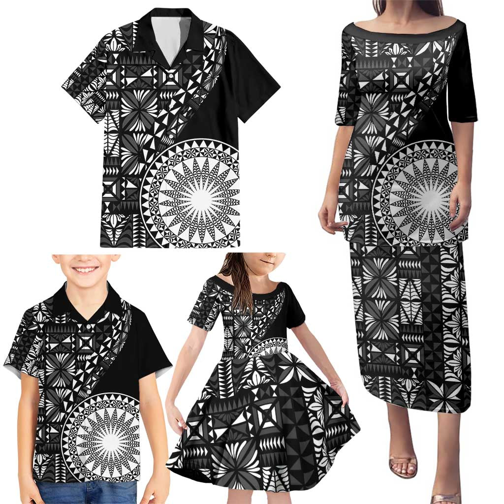Black Tongan Ngatu Fonulei Pattern Family Matching Puletasi and Hawaiian Shirt