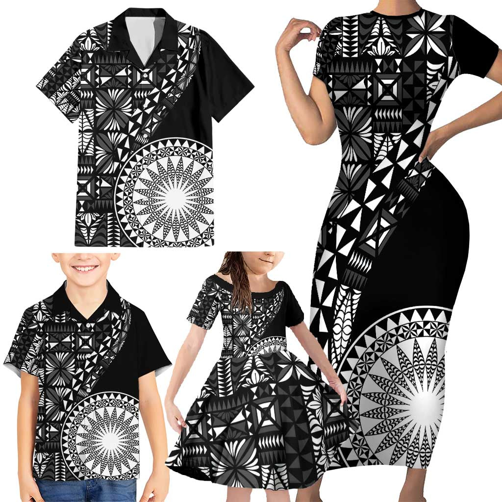 Black Tongan Ngatu Fonulei Pattern Family Matching Short Sleeve Bodycon Dress and Hawaiian Shirt