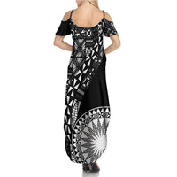 Black Tongan Ngatu Fonulei Pattern Family Matching Summer Maxi Dress and Hawaiian Shirt