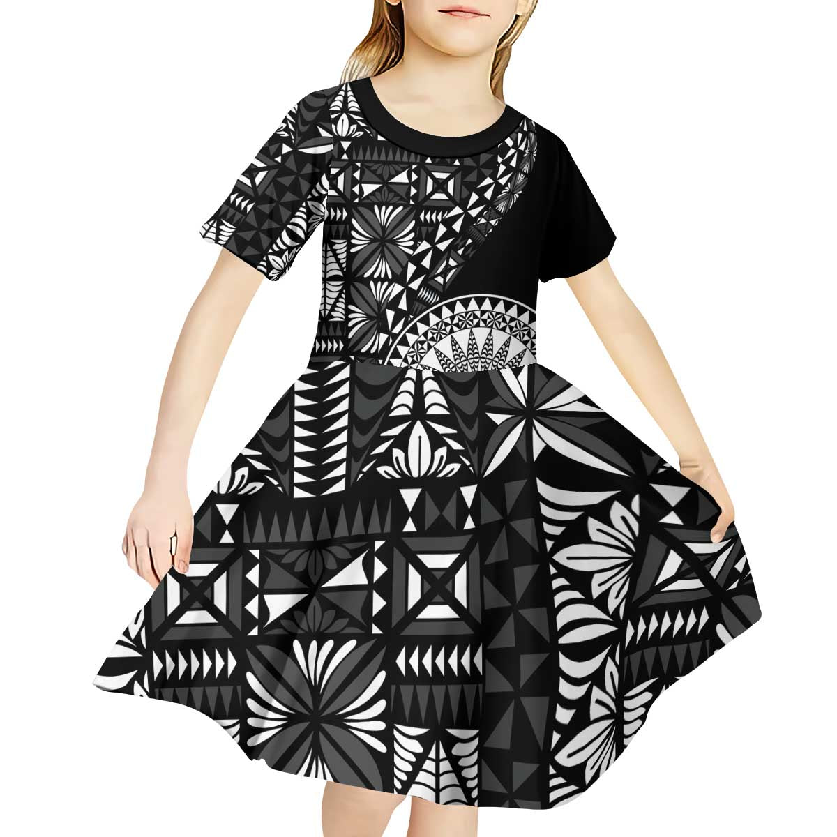 Black Tongan Ngatu Fonulei Pattern Kid Short Sleeve Dress
