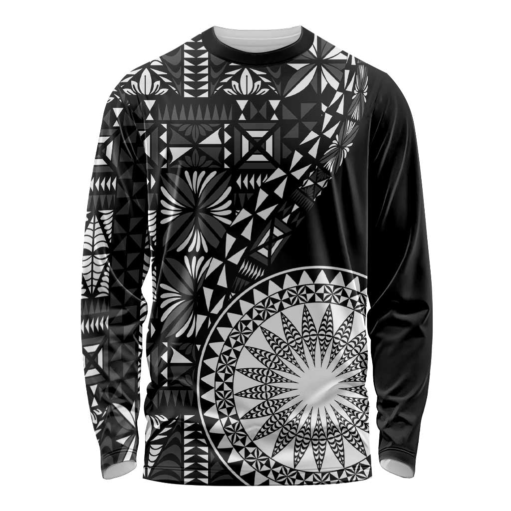 Black Tongan Ngatu Fonulei Pattern Long Sleeve Shirt
