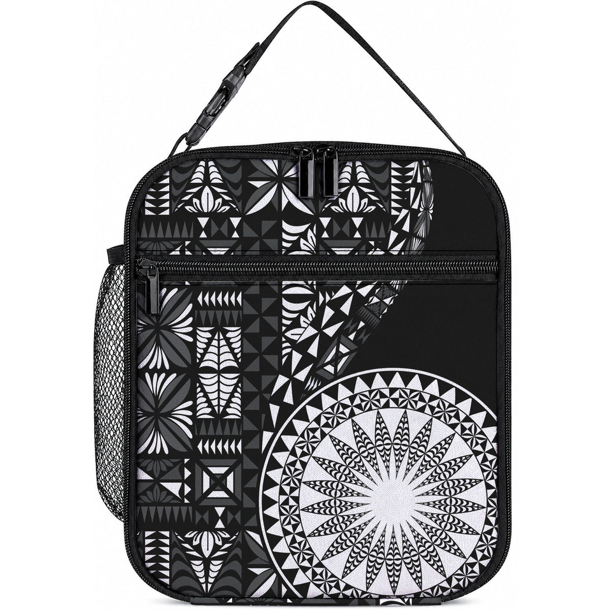 Black Tongan Ngatu Fonulei Pattern Lunch Bag LT9 10.2 × 8.3 × 4.3 inch Black - Polynesian Pride