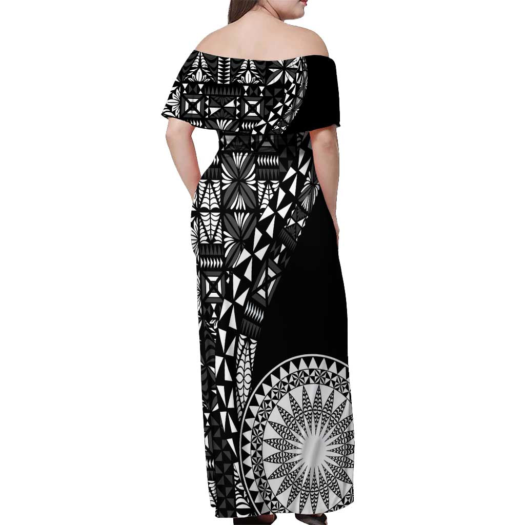 Black Tongan Ngatu Fonulei Pattern Off Shoulder Maxi Dress