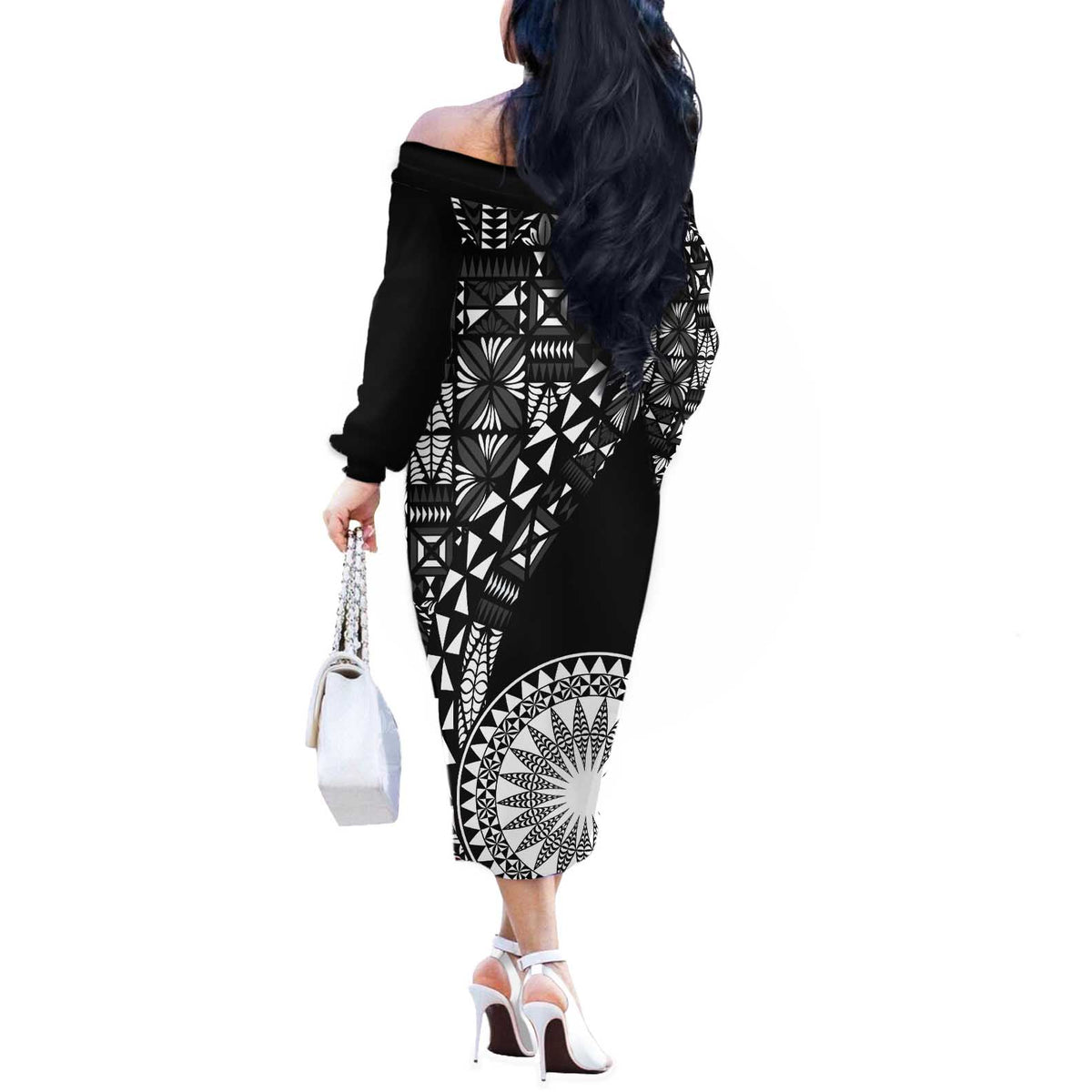 Black Tongan Ngatu Fonulei Pattern Off The Shoulder Long Sleeve Dress