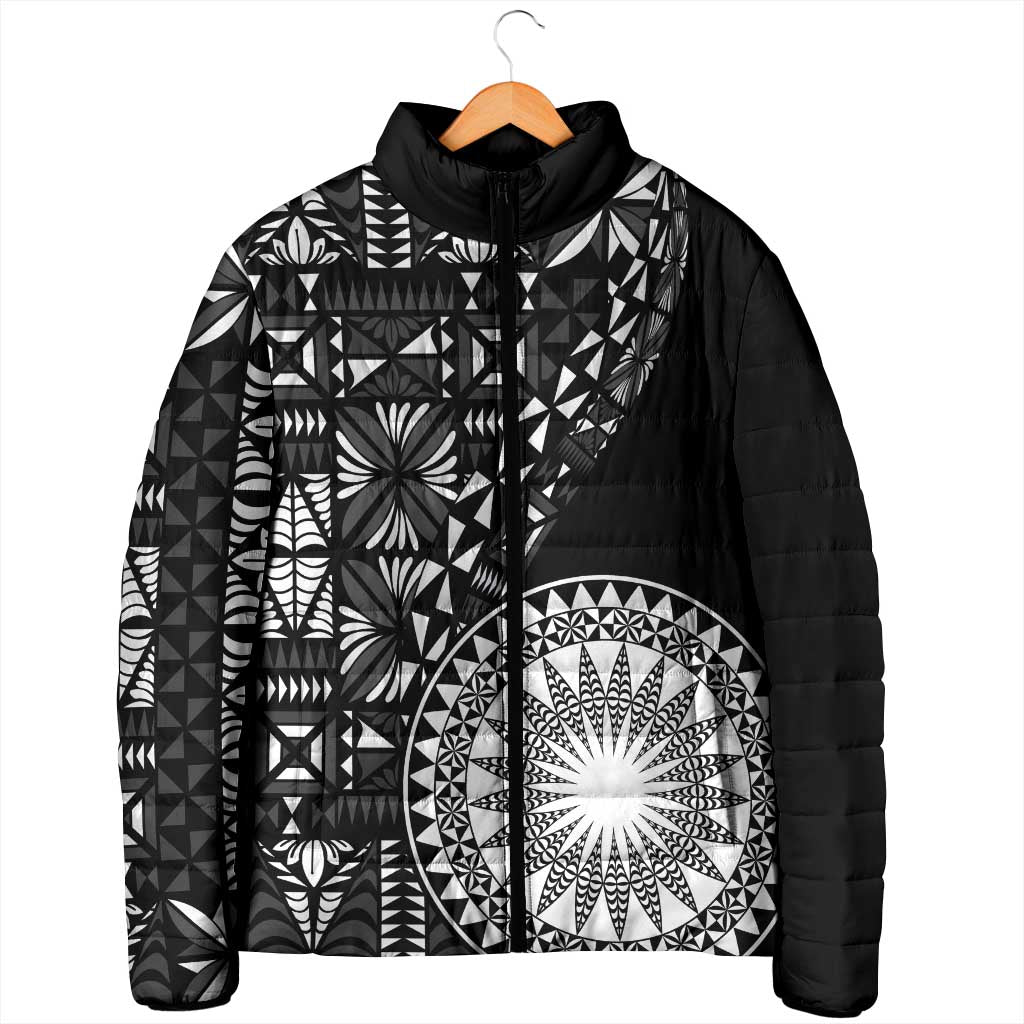 Black Tongan Ngatu Fonulei Pattern Padded Jacket - Polynesian Pride