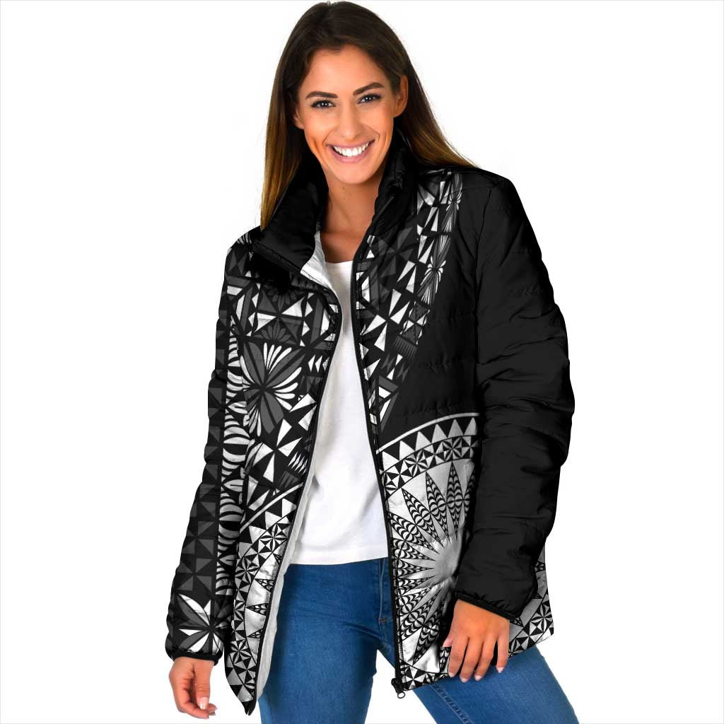 Black Tongan Ngatu Fonulei Pattern Padded Jacket - Polynesian Pride