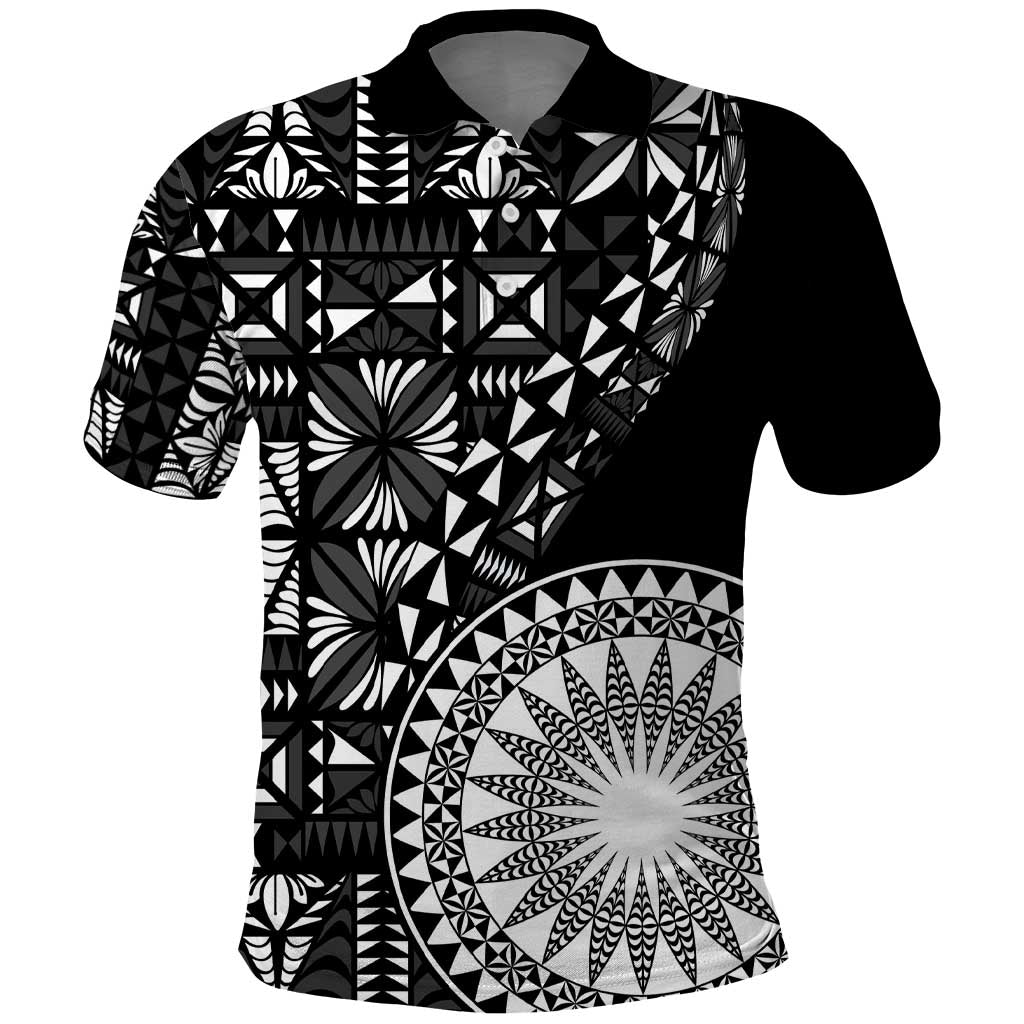 Black Tongan Ngatu Fonulei Pattern Polo Shirt LT9 Black - Polynesian Pride