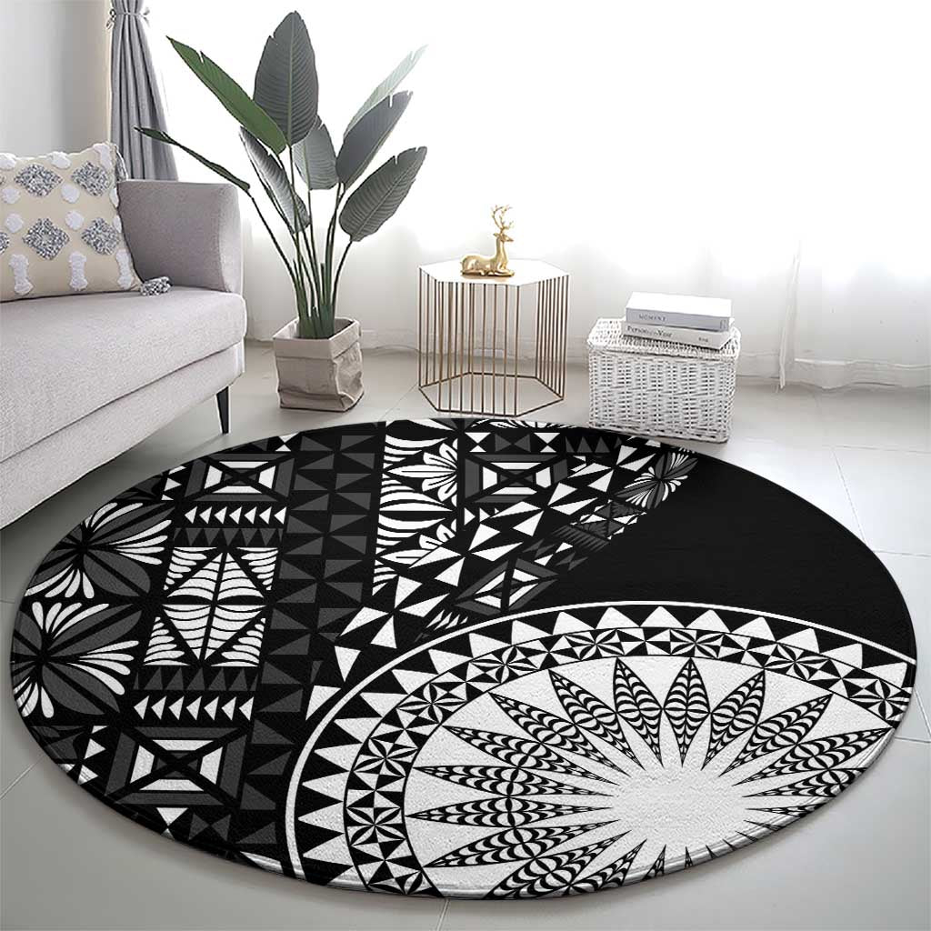 Black Tongan Ngatu Fonulei Pattern Round Carpet
