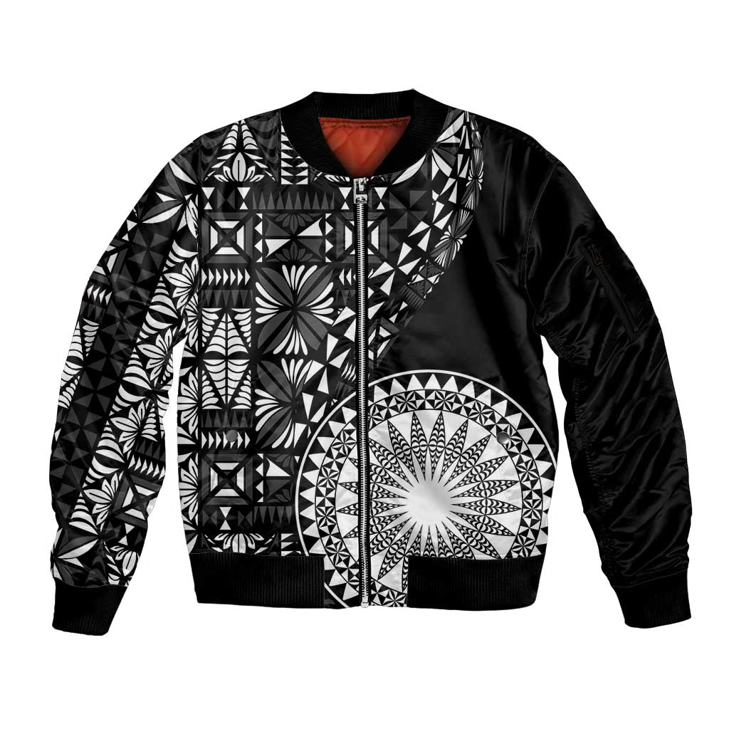 Black Tongan Ngatu Fonulei Pattern Sleeve Zip Bomber Jacket