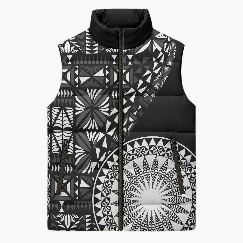 Black Tongan Ngatu Fonulei Pattern Sleeveless Puffer Jacket - Polynesian Pride
