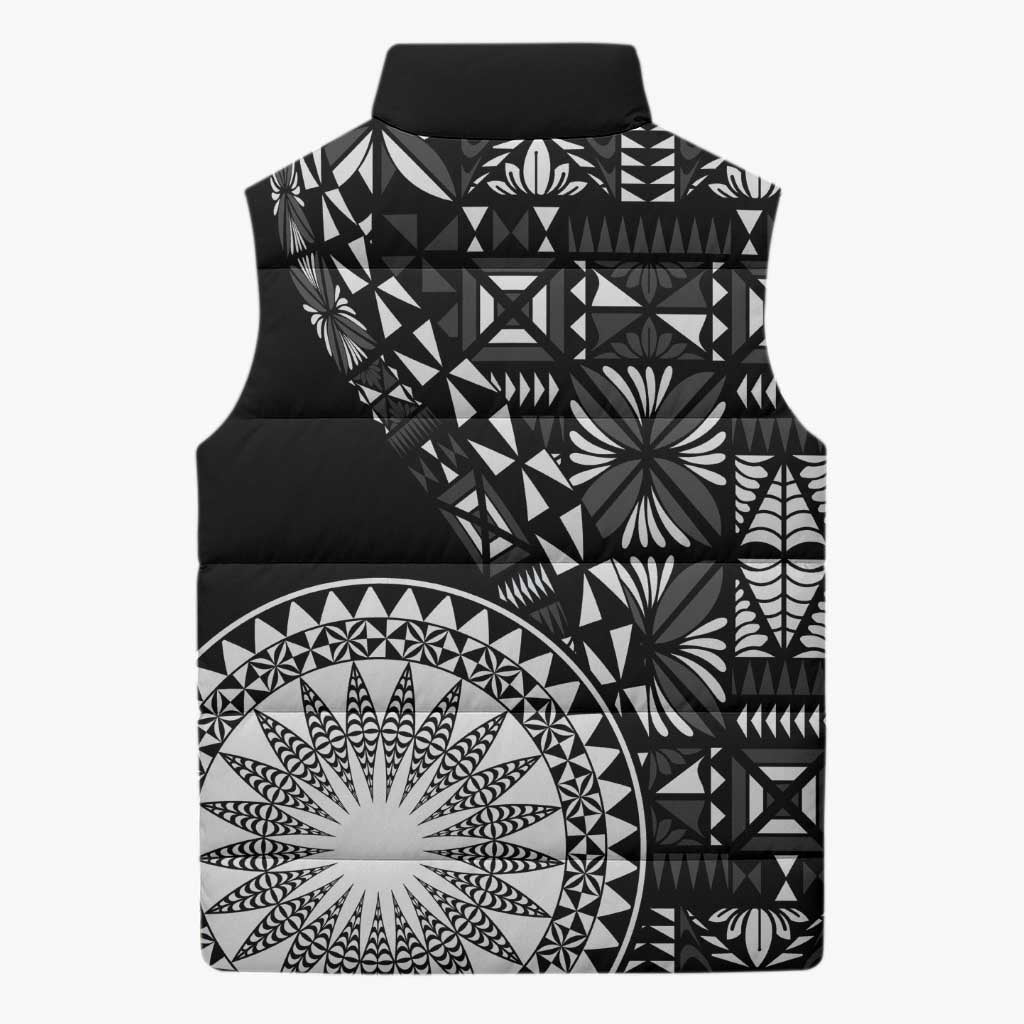 Black Tongan Ngatu Fonulei Pattern Sleeveless Puffer Jacket - Polynesian Pride
