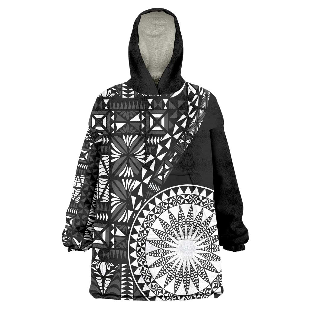 Black Tongan Ngatu Fonulei Pattern Wearable Blanket Hoodie LT9 One Size Black - Polynesian Pride