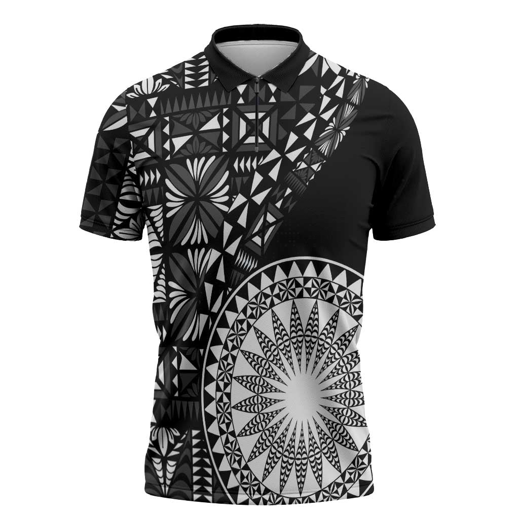Black Tongan Ngatu Fonulei Pattern Zipper Polo Shirt - Polynesian Pride