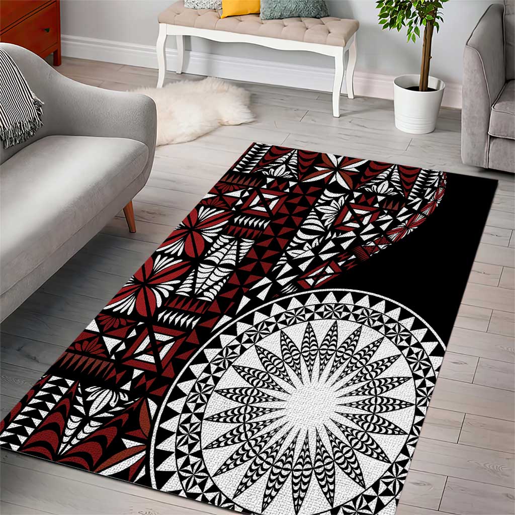 Red Tongan Ngatu Fonulei Pattern Area Rug