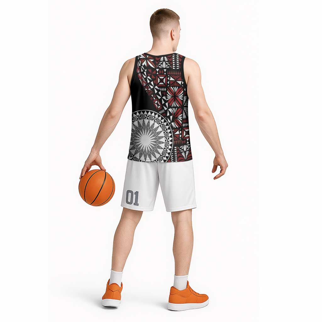 Red Tongan Ngatu Fonulei Pattern Basketball Jersey - Polynesian Pride