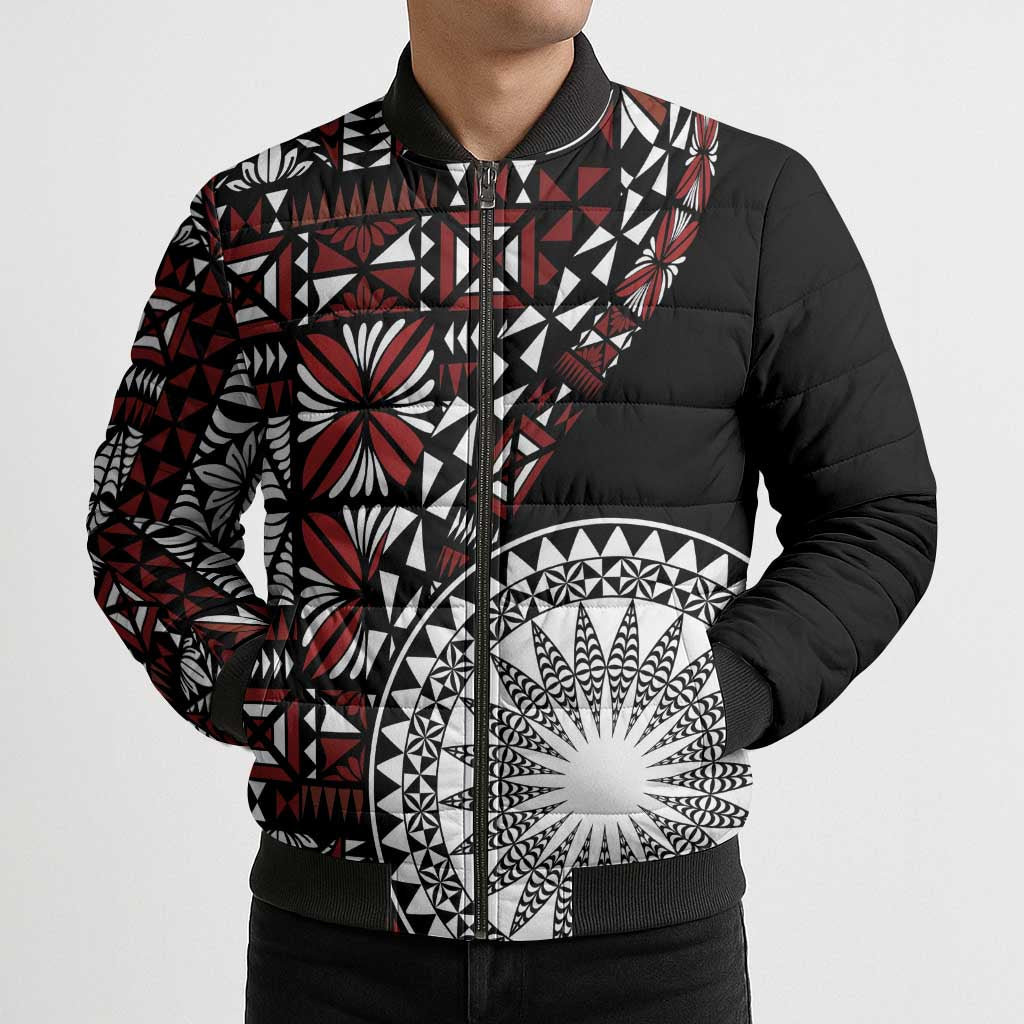 Red Tongan Ngatu Fonulei Pattern Bomber Puffer Jacket - Polynesian Pride