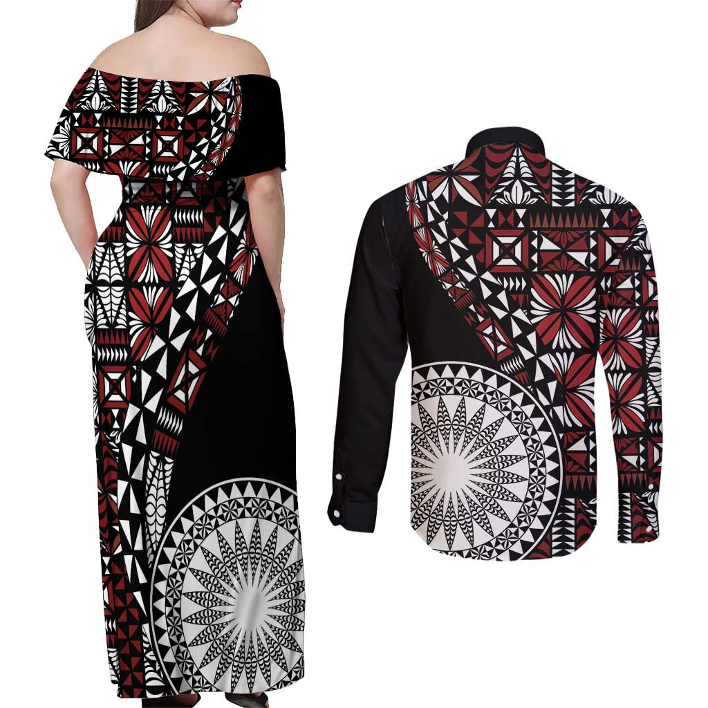 Red Tongan Ngatu Fonulei Pattern Couples Matching Off Shoulder Maxi Dress and Long Sleeve Button Shirt