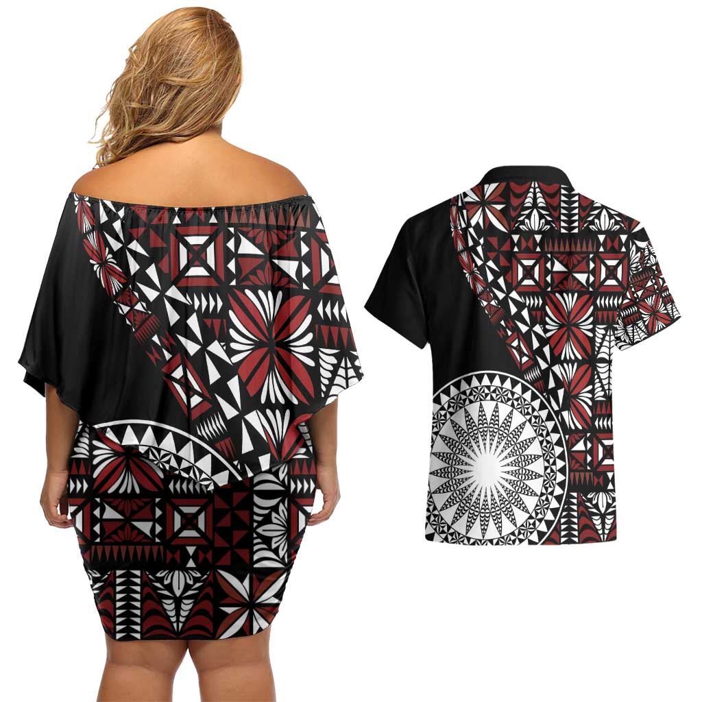 Red Tongan Ngatu Fonulei Pattern Couples Matching Off Shoulder Short Dress and Hawaiian Shirt