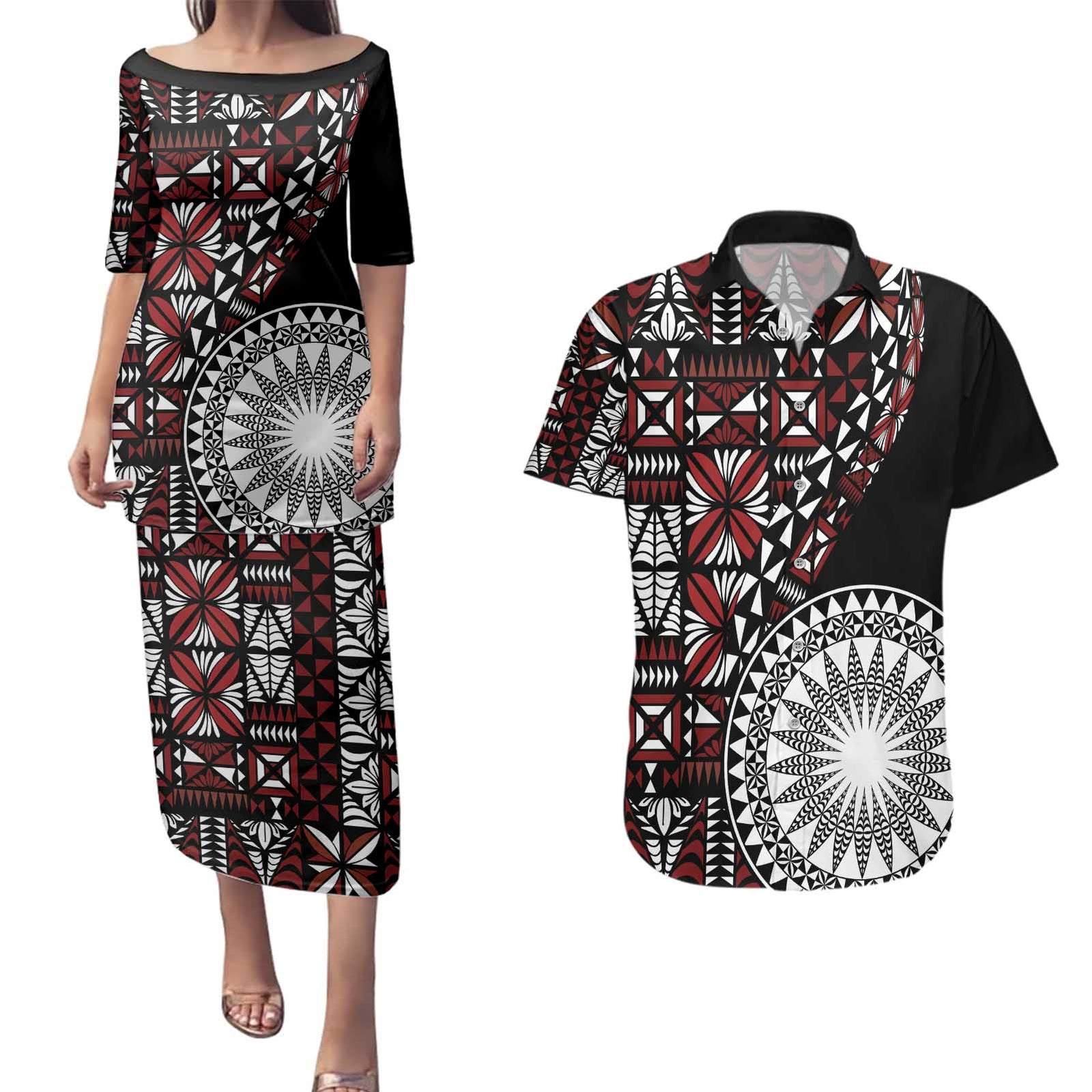 Red Tongan Ngatu Fonulei Pattern Couples Matching Puletasi and Hawaiian Shirt