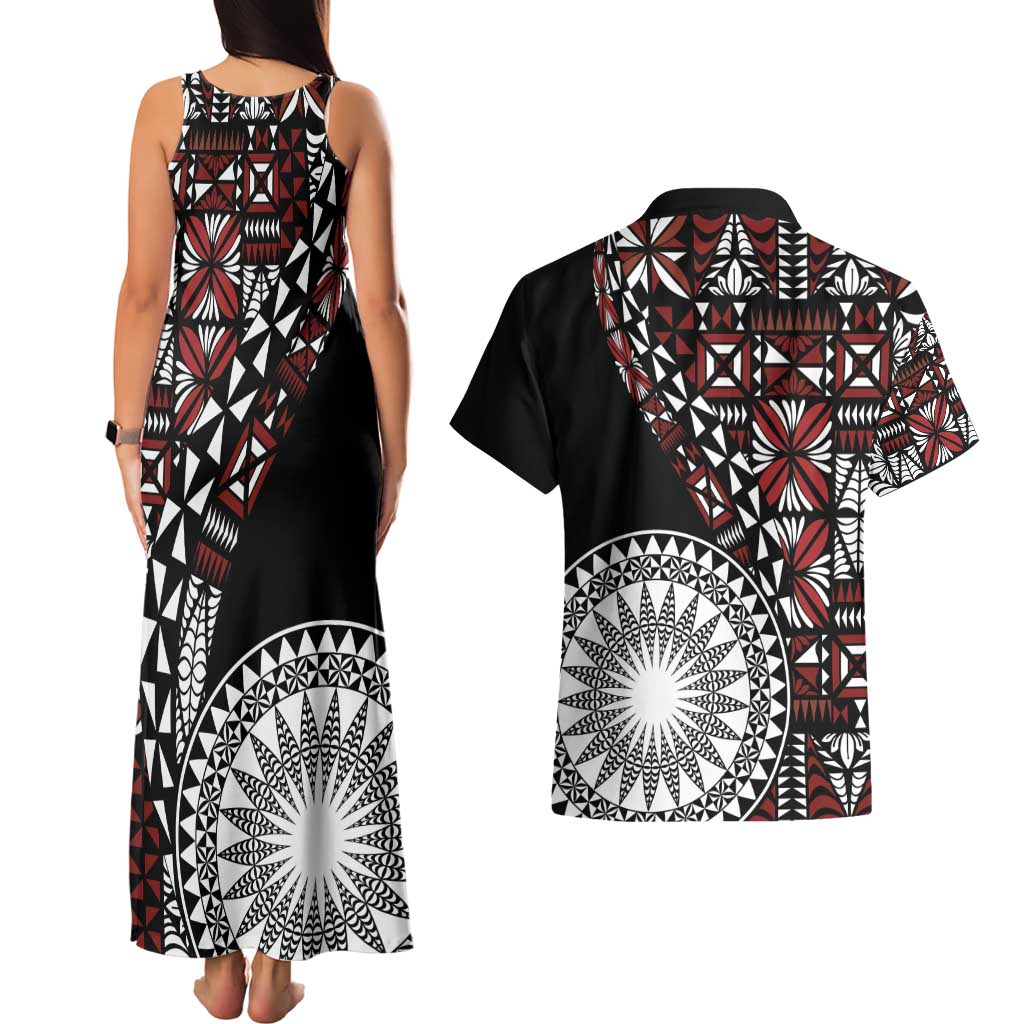 Red Tongan Ngatu Fonulei Pattern Couples Matching Tank Maxi Dress and Hawaiian Shirt